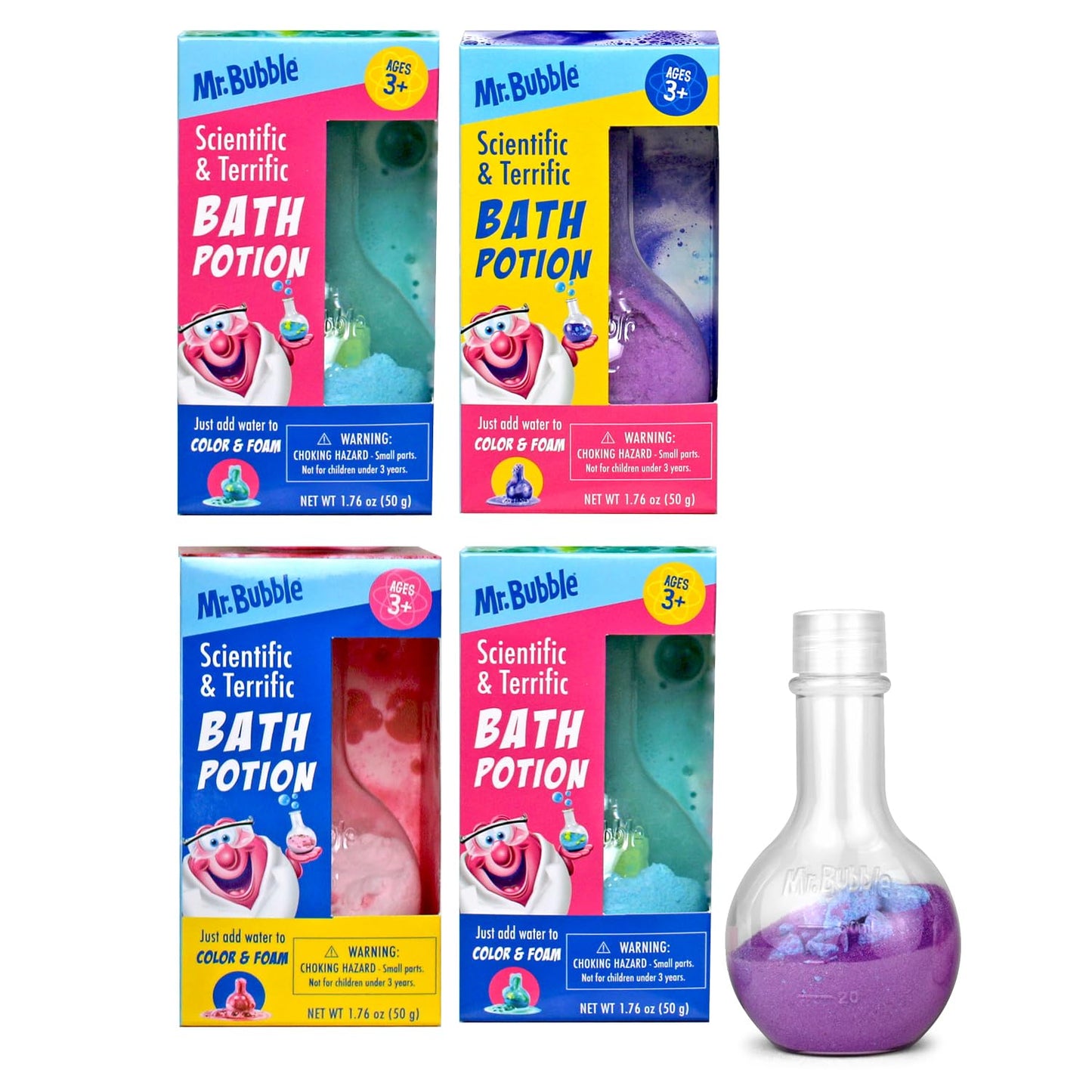 Mr. Bubble Kids Bath Bomb Potions - Colorful Fizzy Fun - Cool Foam and Bubble Science Beaker Bath Toys (Pack of 4)