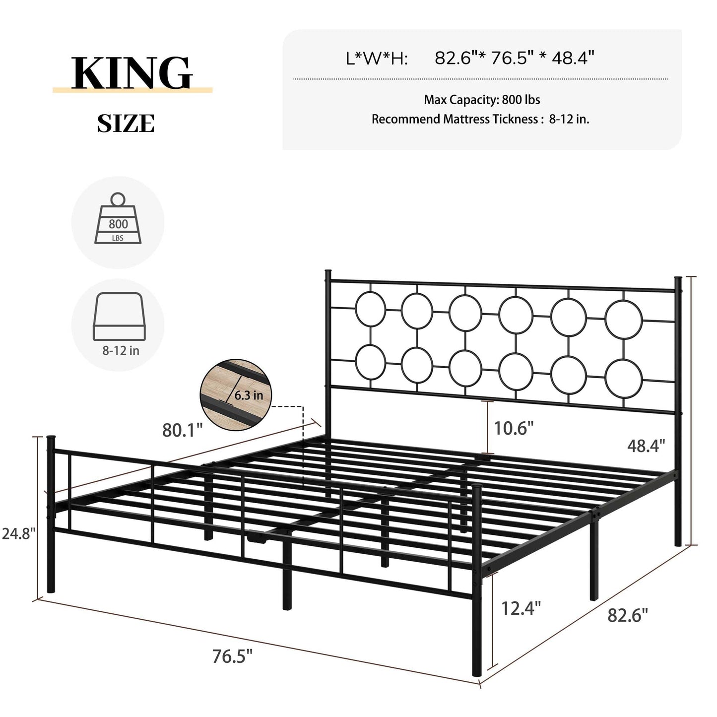 King Size Classic Metal Platform Bed Frame with Headboard and Footboard, Victorian Style Iron Bedframe with 12 inch of Storage Under Frame, Slat Support, No Springs Required, Easy to Assemble (Black)