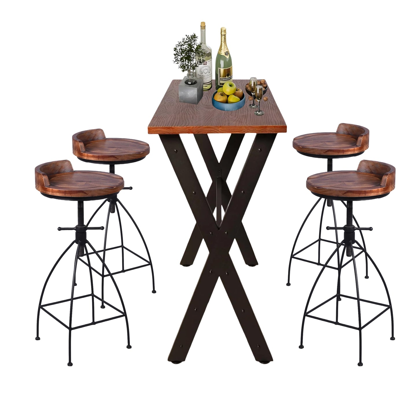 Diwhy 5 Piece Bar Table and Chairs Set, Industrial Rustic 41.3" Height Wood Top Pub Bar Table and Kitchen Counter Height Adjustable Stool, Hump Surface, Black, Set of 4