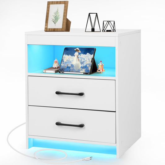 ansefe Nightstand with Charging Station and LED Lights, Bedside Table with 2 Drawers and Open Shelves, Modern End Side Table,White