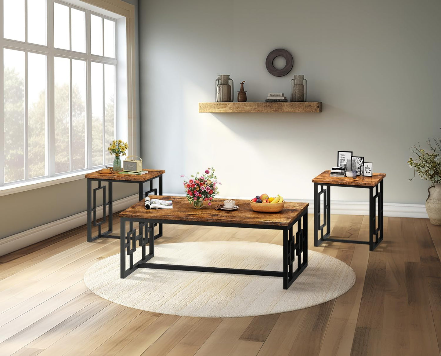 Recaceik Coffee Table Set, Coffee Table & Two End Side Table, Modern 3-Piece Living Room Table Set for Office, Living Room, Apartment, Small Space, Easy Assembly Furniture, Rustic Brown