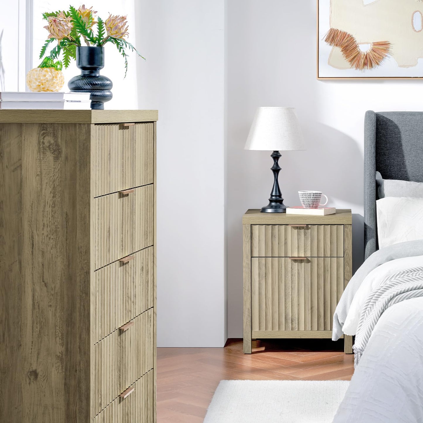 5 Drawers Dresser for Bedroom, 44 Inches Tall Modern Bedroom Dressers, Chest of Drawers for Bedroom, Fluted Dresser for Closet Organizer for Living Room, Hallway, Entryway (Sunwashed Ash Oak)