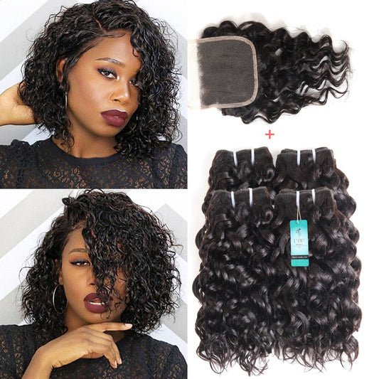 Water Wave Bundles with Lace Closure UDU 12A Wet and Wavy Human Hair Bundles with Closure 100% Unprocessed Human Hair Extensions Short Curly Remy Hair Weft with Free Part Closure 50g/bundle