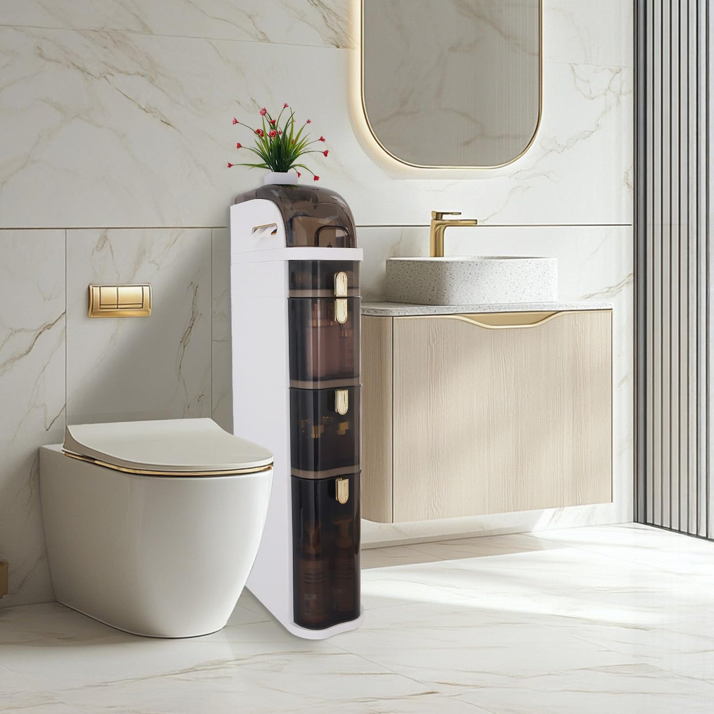 FZANVAN Bathroom Floor Cabinet, Narrow Bathroom Storage Cabinet, Mobile and No Installation Required, Perfect for Small Space Laundry Rooms, Toilet Areas and Living Room Gaps