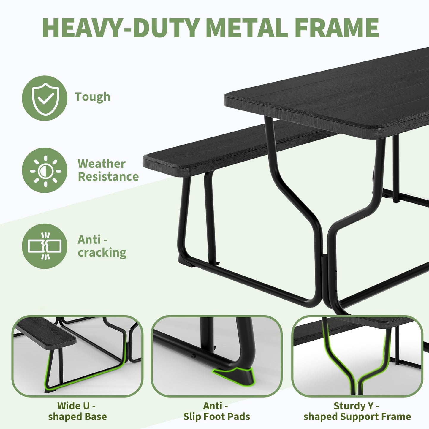 Outdoor Picnic Table with Benches, Portable Heavy Duty Wood-Like All Weather Picnic Table Set, Large Metal Picnic Tables for Outdoors, Backyard, Patio, Lawn, Garden (Black)
