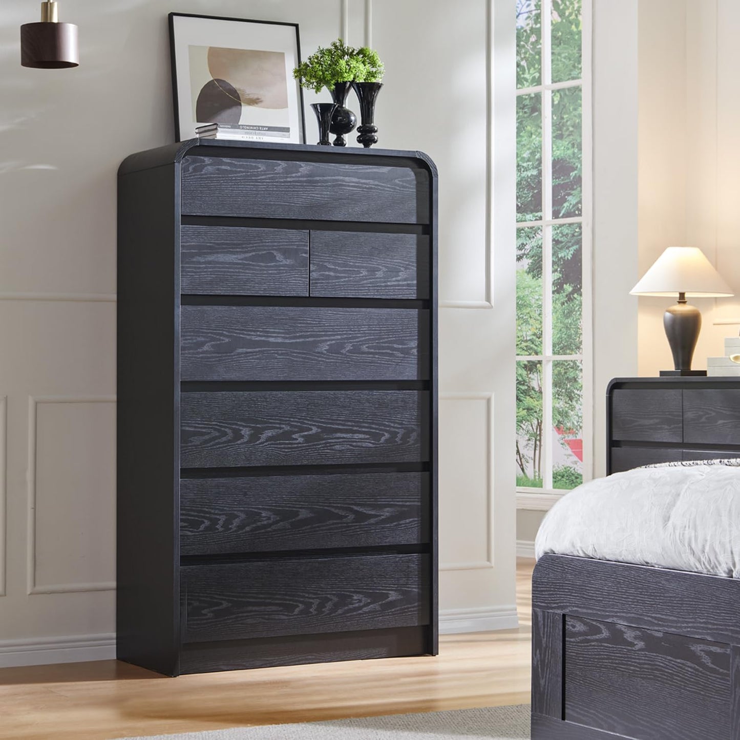 Aitjunz Modern 7 Drawers Dresser for Bedroom, 55" Tall Dressers & Chest of Drawers w/Curved Profile Design, Wood Mid Century Vertical Storage Dressers Organizer for Bedroom, Living Room, Black