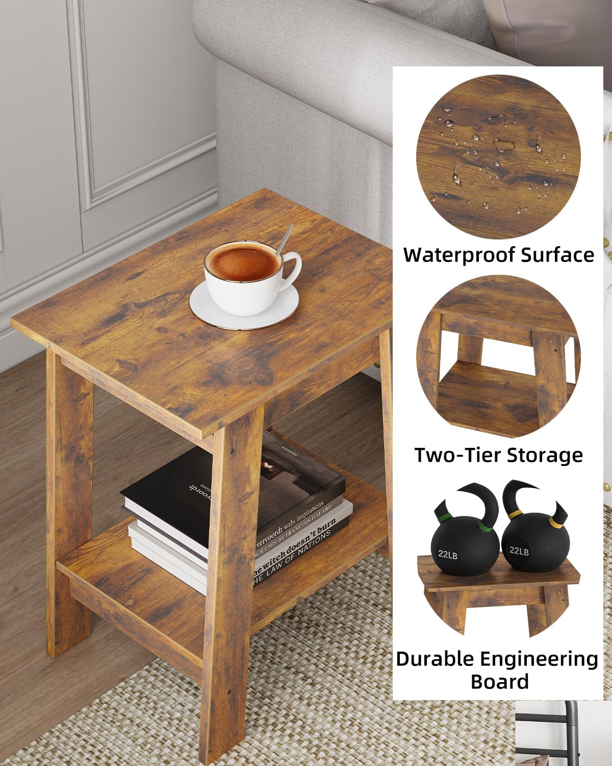 End Table, Small Side Table, Nightstand with 2 Tier Storage Shelf, Set of 2 Narrow Side Table for Living Room, Small Spaces, Bedroom, Entryway, Farmhouse, Brown