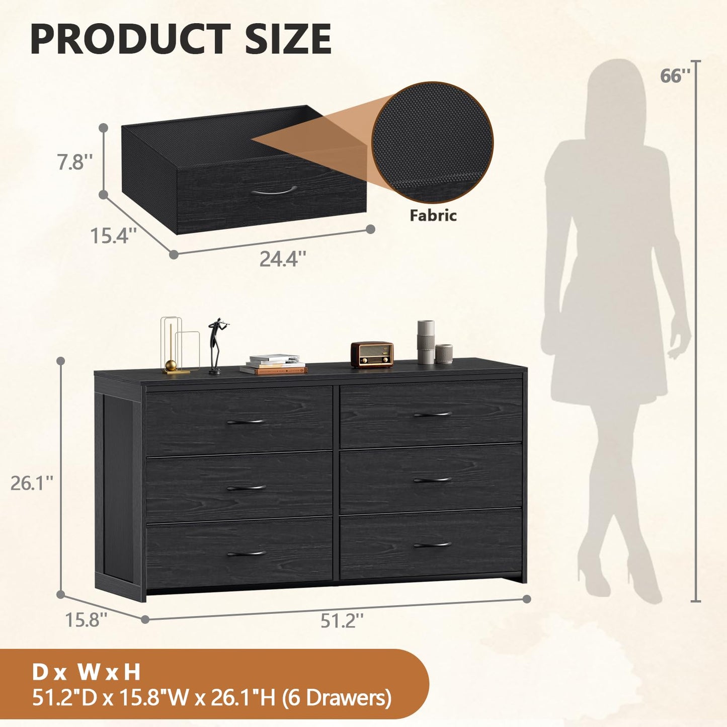 Black Dresser for Bedroom, 6 Drawer Dresser for Closet, TV Stand Entertainment Center for Living Room, Wooden Top and Side Large Fabric Drawer Storage Organizer, Chest of Drawer, Wide Furniture