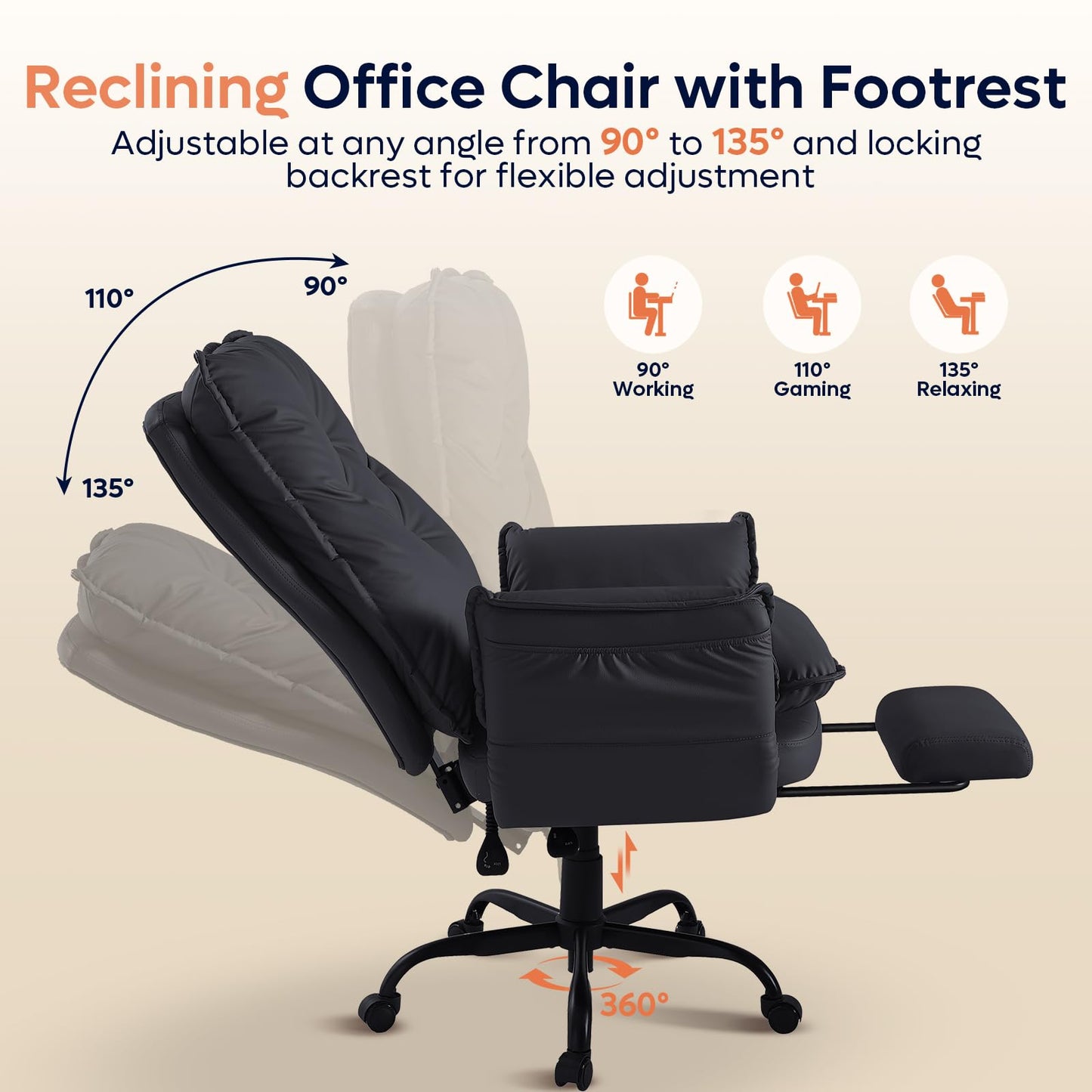 Bestier Cross Legged Office Chair with Footrest, High Back Criss Cross Chair with Reversible Armrests and Wheels, Big and Tall Reclining Office Chair for Home (Black, PU Leather)