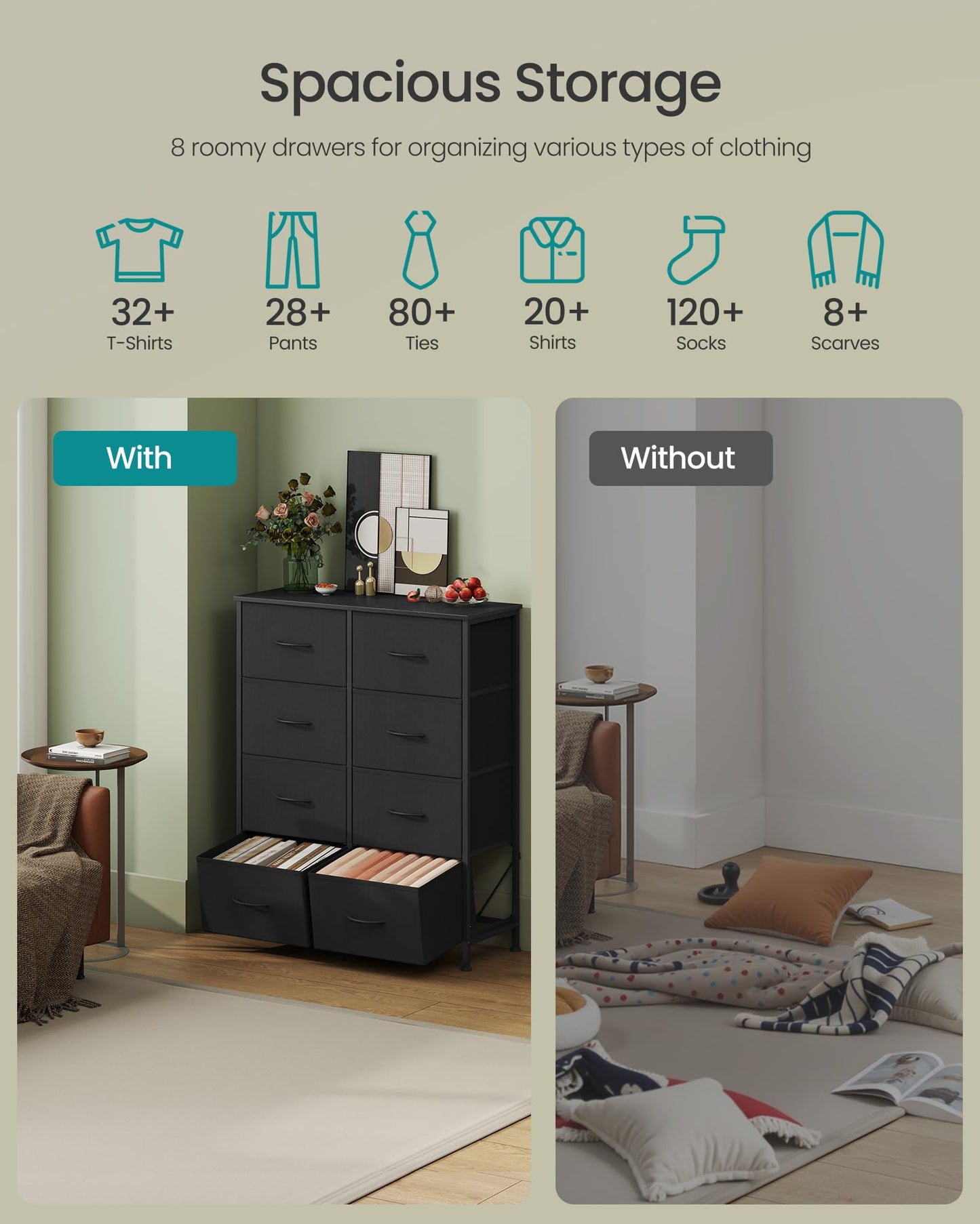 SONGMICS Dresser for Bedroom, Chest of Drawers, Steel, MDF, 8 Non-Woven Fabric Drawers, Storage Organizer Unit, Closet, Entryway, Ink Black and Ebony Black ULGS124B01S