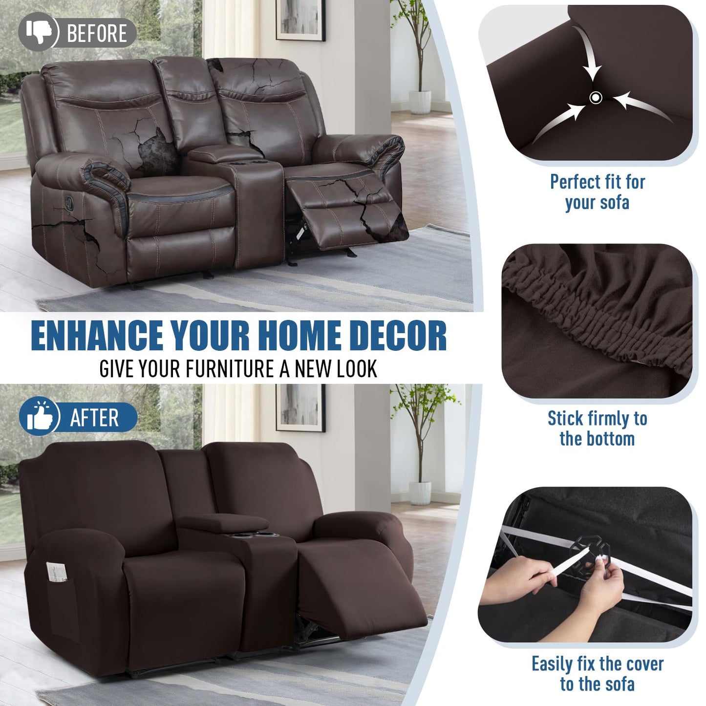 TAOCOCO Reclining Loveseat with Middle Console Slipcover, 4 Piece Polyester Fabric Stretch Loveseat Reclining Sofa Covers (Coffee, 2 Seat Recliner Cover with Console)
