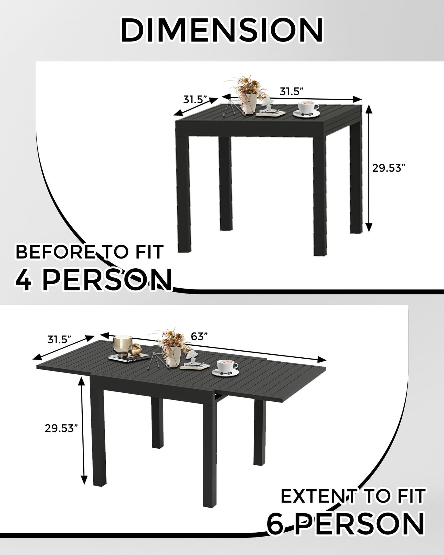 Expandable Patio Table for 4-6 Persons, Extentable Outdoor Dining Table Set 31.5”-63”, Aluminum Slat Frame, Rectangular, for Porch, Deck, Garden, Pools, Table, Grey