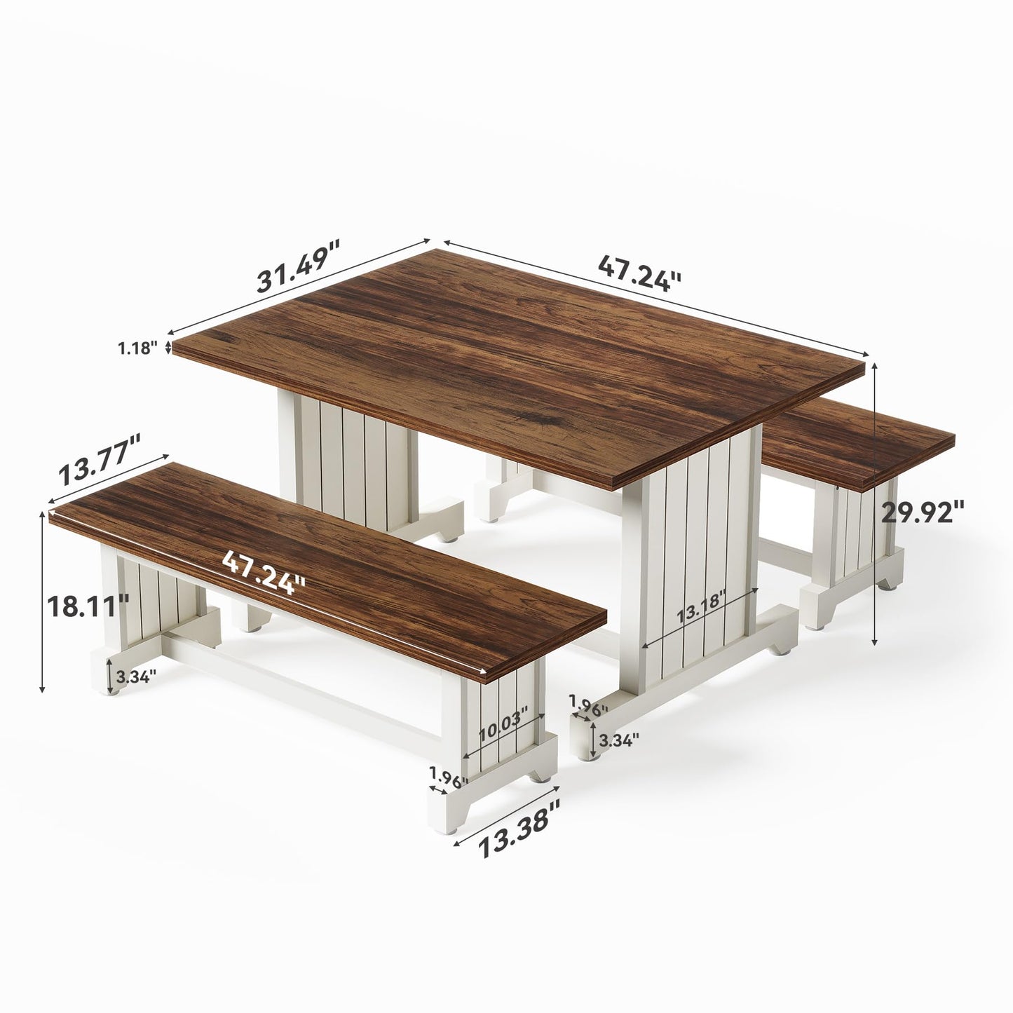 LITTLE TREE Dining Table Set for 4 with 2 Benches, Modern Kitchen Table with MDF Board, Space-Saving Dinette for Kitchen, Dining Room, Brown and White