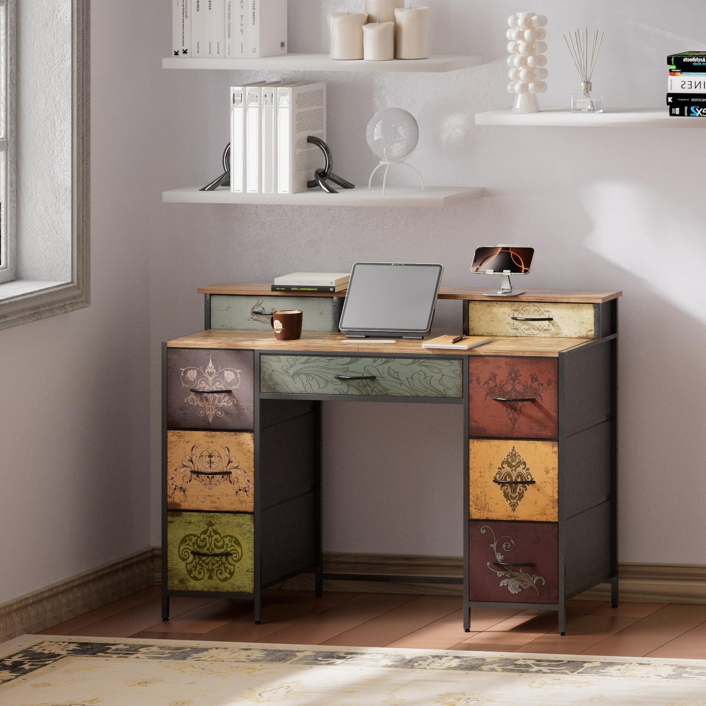VASICAR Dresser for Bedroom with 9 Drawers & 2 Open Shelves, Fabric Storage Cabinet, Chest of Drawers, Long Dresser for Closet, Wooden Top & Metal Frame, Pattern