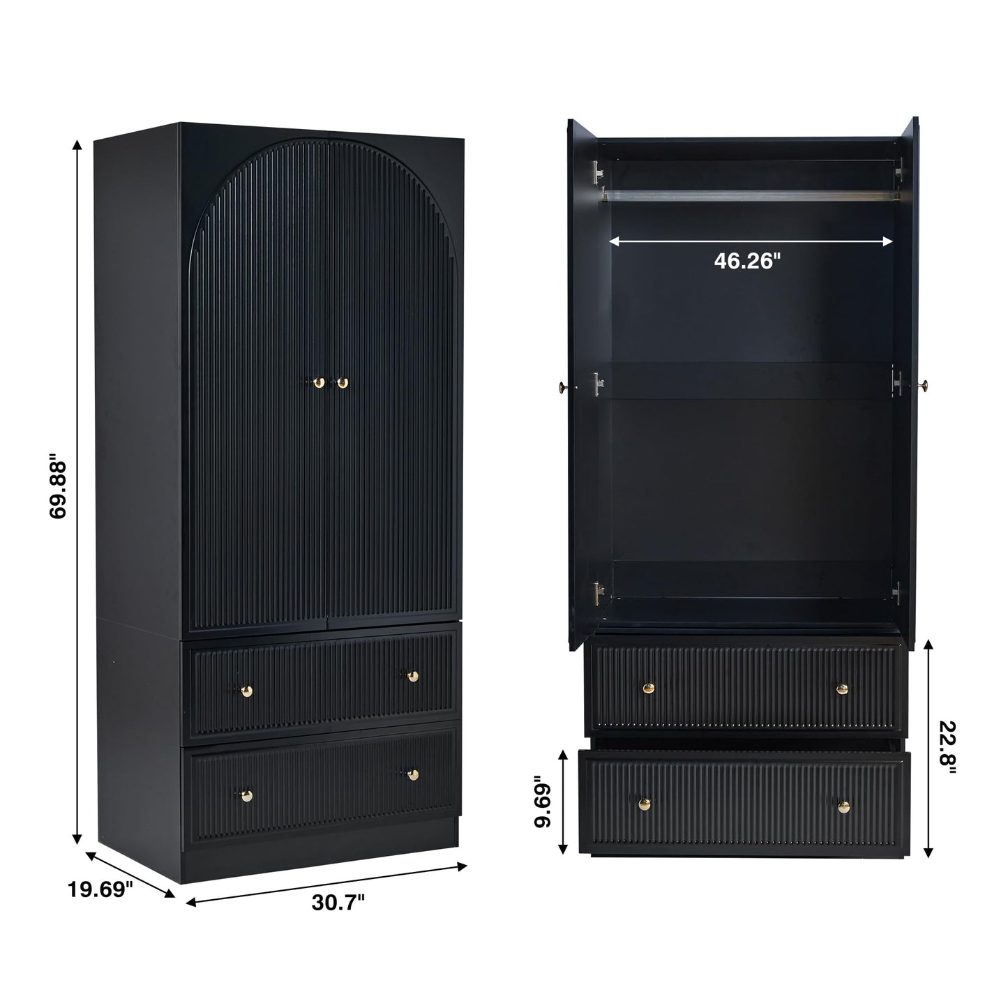 ORRD Black Freestanding Armoire Wardrobe Closet with 2 Doors and 2 Storage Drawers, Large Capacity Wardrobe Cabinet, Wooden Closet for Bedroom