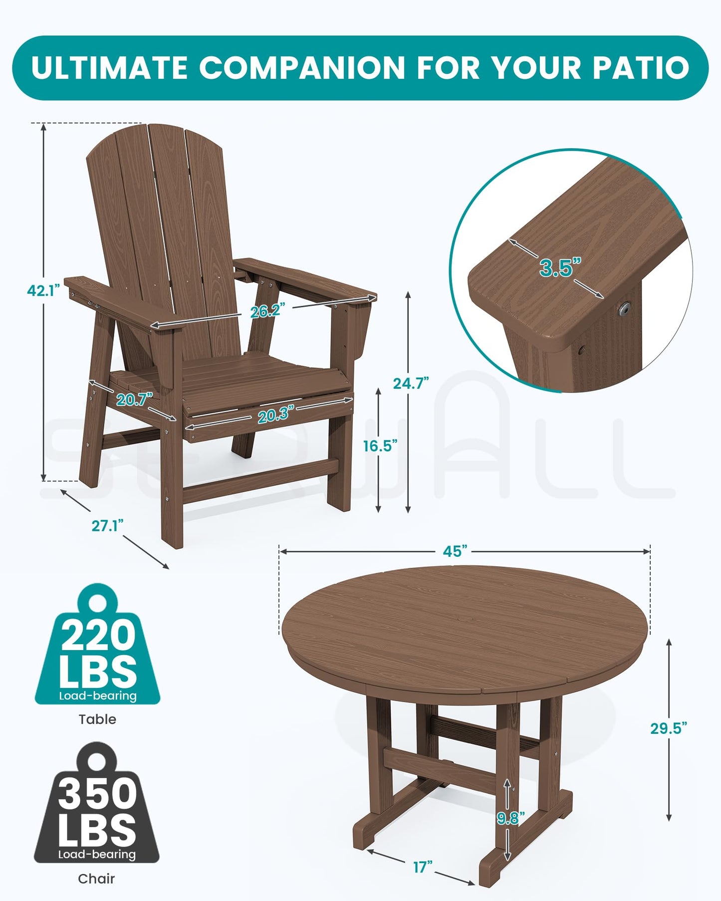 SERWALL Outdoor Adirondack Dining Chair Set of 2, All Weather HDPE Patio Chairs, Brown