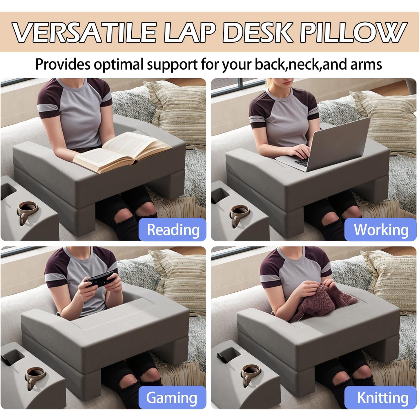 Nevsokio Extra Large Memory Foam Reading & Gaming Pillow with Adjustable Arm Rest, Lap Desk Pillow for Adults – Ergonomic Support for Working, Gaming, Reading in Bed, Couch, Floor (Grey)