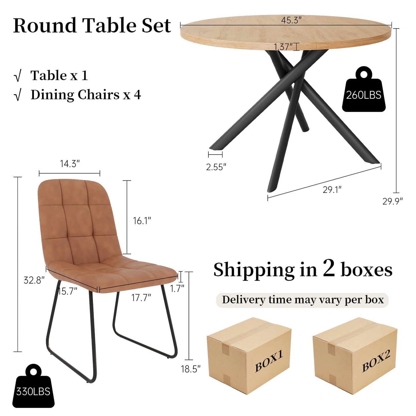 HIPIHOM 45.3 Inch Round Dining Table Set for 4, Mid Century Modern Small Kitchen Coffee Set for Dining Room Kitchen Apartment (Oak Table + 4 U-Shaped Brown Chairs)