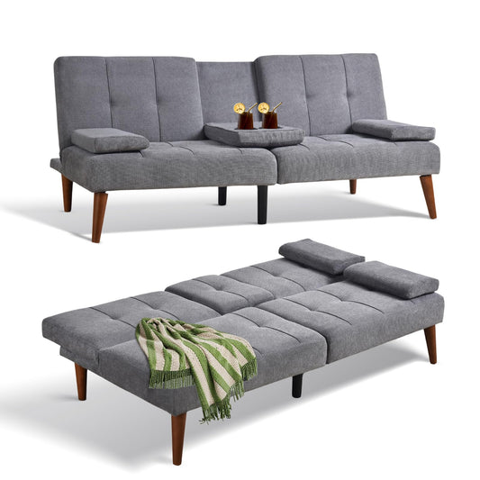 COLAMY Futon Sofa Bed-Fabric Small Couch, Small Lounge Convertible with 2 Cup Holders, Removable Soft Armrest, Adjustable Backrest for Dorm/Bedroom/College
