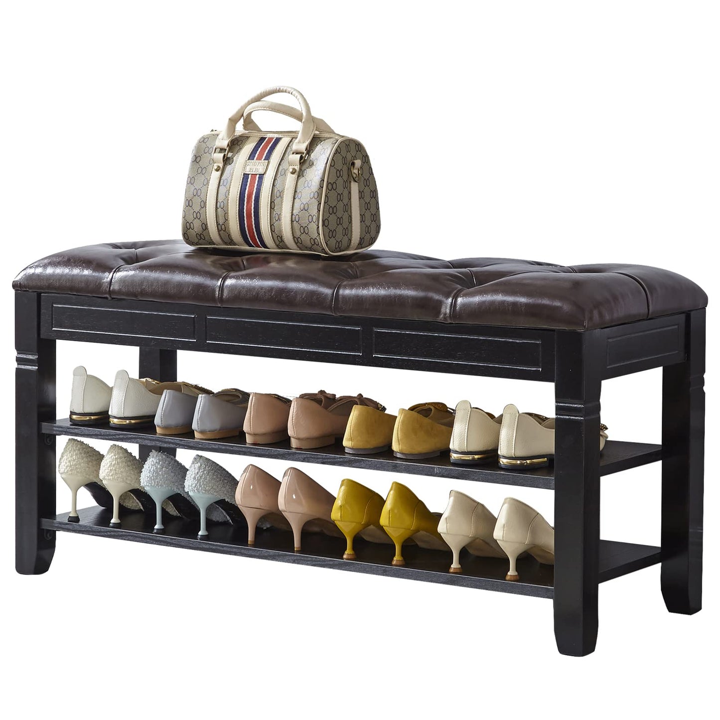 LEILISI Shoe Bench, Storage Rack Organizer with Cushion 2 Tier Lift Top Shoe Rack for Entryway Living Room Bedroom Hallway Wooden Furniture (Black, 39.4'')
