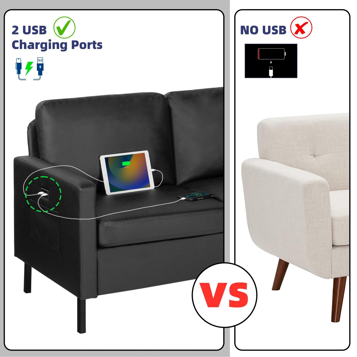 STHOUYN 72" W Faux Leather Black Sofa 3 Seat Couch, Modern Comfy Couch with 2 USB, Small Couches for Living Room Apartment Bedroom Small Spaces, Office(Black (Sofa))