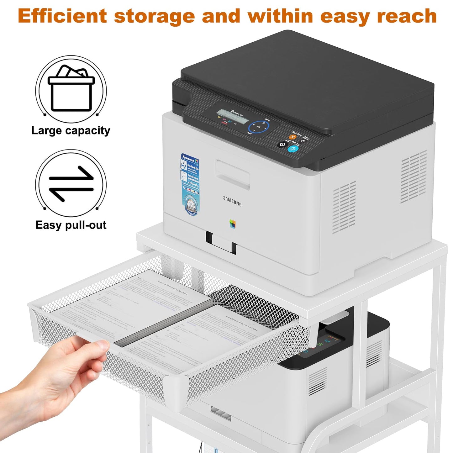 EasyCom Large 3-Tier Rolling Printer Stand with Storage Drawer & 5 Adjustable Shelves Mobile Cart with Industrial Wheels for Home Office Desk Fits 3D Printer, Scanner, and Fax White