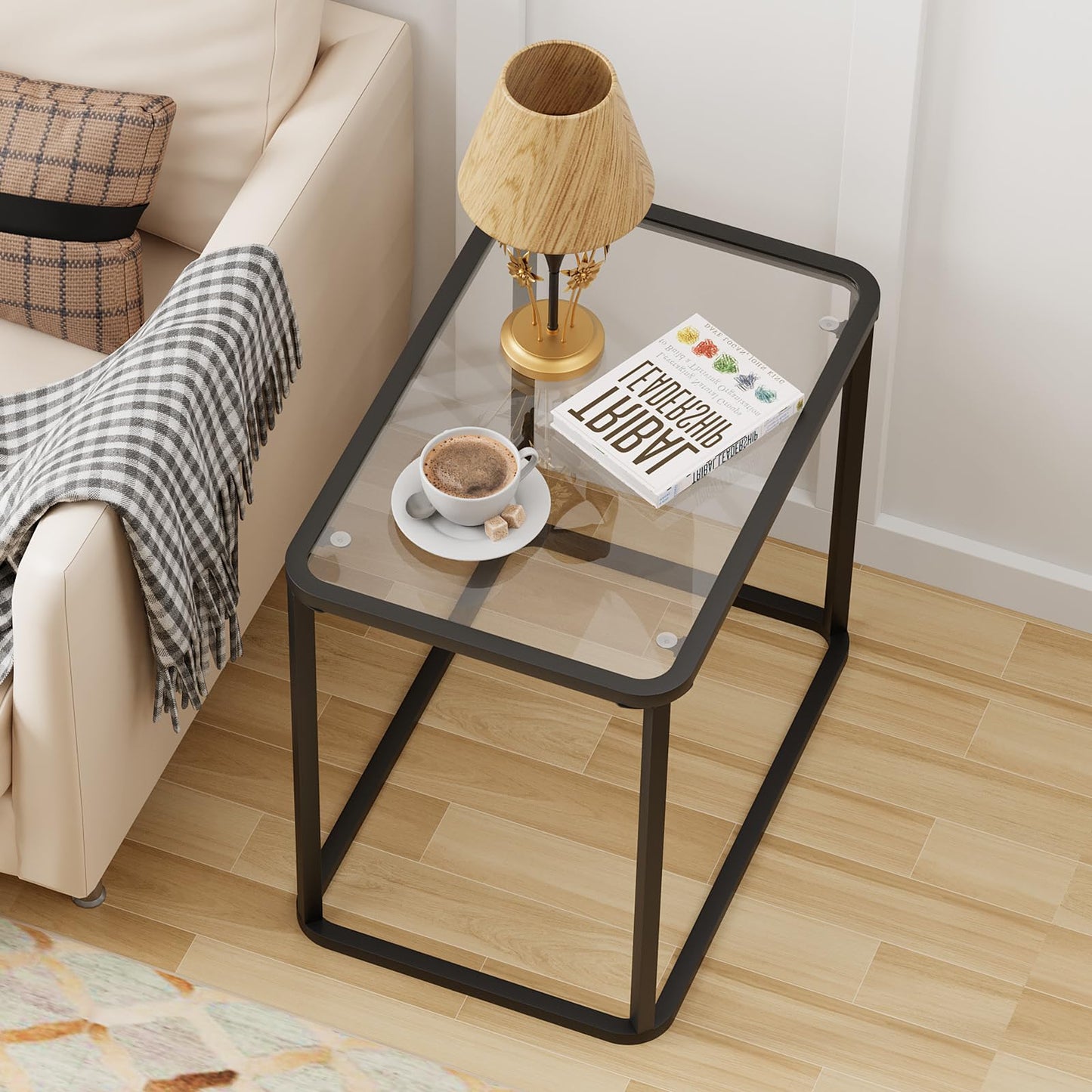Garden 4 you Glass Side Table, Rectangle End Table with Metal Frame, Modern Bedside Table for Office, Bedroom, Living Room, Study, Small Spaces,Easy Assembly,23.6x15.7x20.8 Inches,Black