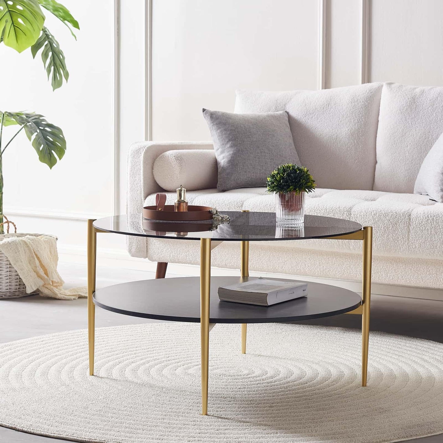 LumFurn Round Coffee Table for Living Room, Mid-Century Modern Design, D30 x H17, 2-Tier Structure, Grey Glass Top and Black Marble Finish Wood Shelf, Sleek Conical Metal Legs with Gold Finish Frame