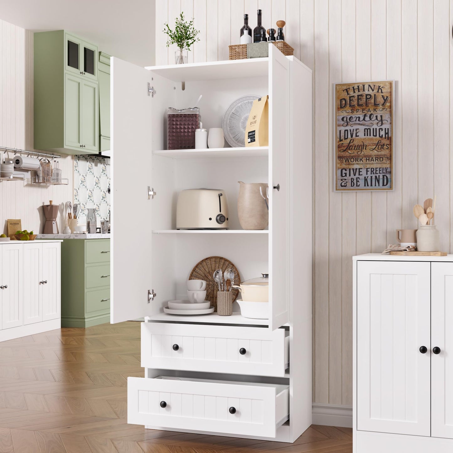 Furnify 65" H Storage Cabinet with 2 Drawers, Farmhouse Kitchen Pantry Cabinet with 2 Doors & Adjustable Shelf, Handbag Storage Organizer for Living Room, Bathroom, Kitchen, White