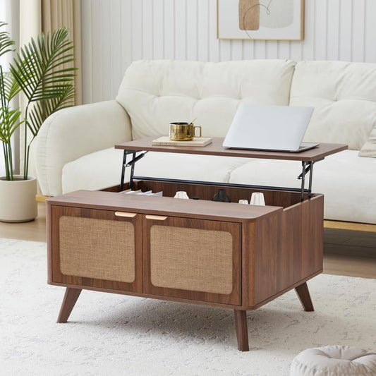 AVZEAR Wood Lift Top Coffee Table with Storage, Mid Century Modern Coffee Table with Nature Linen Doors & Large Hidden Storage, Curved Edge Center Table Farmhouse Coffee Tables for Living Room, Walnut