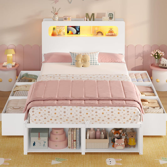 ADORNEVE Twin Bed Frame with 6 Storage Drawers & 2-Tier LED Headboard – Kids Girls Bed with Power Outlets & RGB Lights, 2 Footboard Cubbies– Space-Saving No Box Spring Neded, White