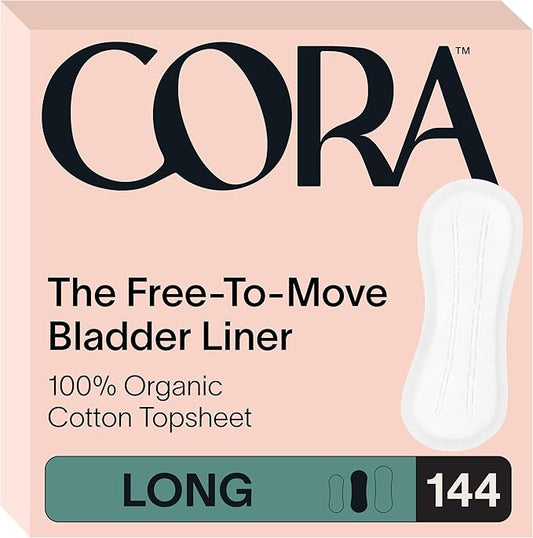 Cora Ultra Thin Organic Bladder Liners | Incontinence & Postpartum Pads for Women | Panty Liners for Bladder Leaks | Breathable Cotton (144 Long)