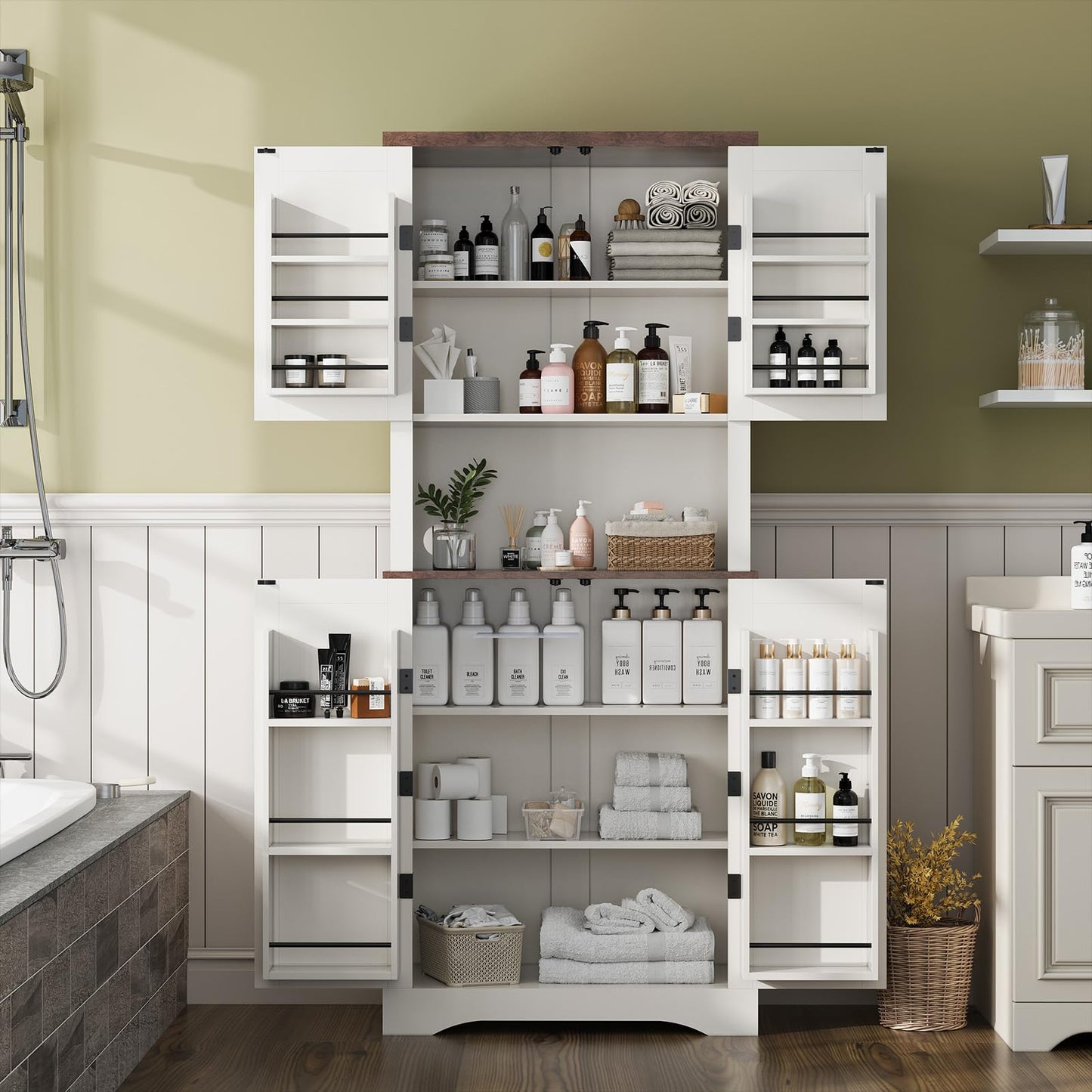Apicizon 72" Kitchen Pantry Cabinet, Farmhouse Kitchen Cabinets with Barn Doors & Storage Shelves, Pantry Storage Cabinet- Coffee Bar, Tall Cabinets Organizer for Dining Room Living Room