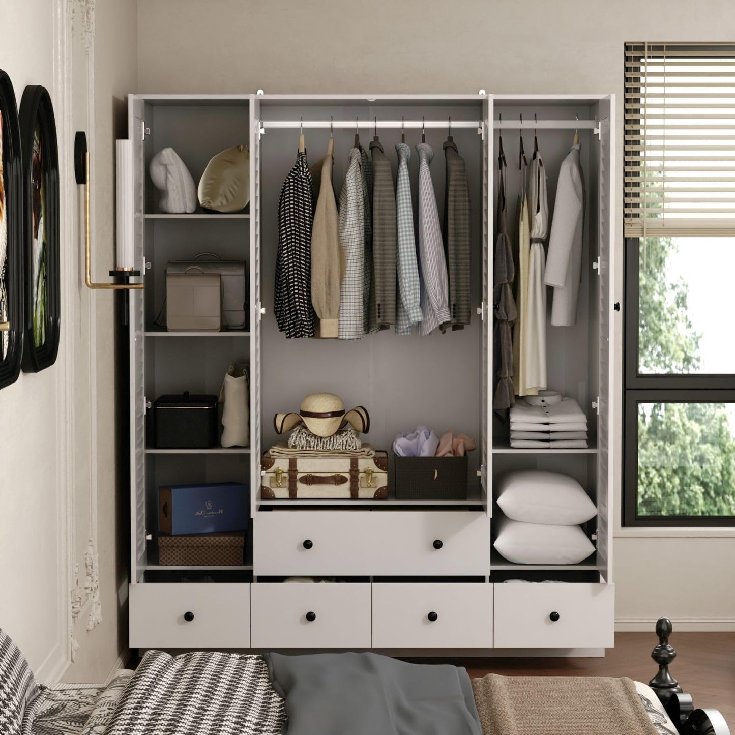 MOUMON 4 Shutter Door Wardrobe with Shelves and Drawers, Armoire Wardrobe Closet with 2 Hanging Rods, for Bedroom White 59”W x 19”D x 70.9”H