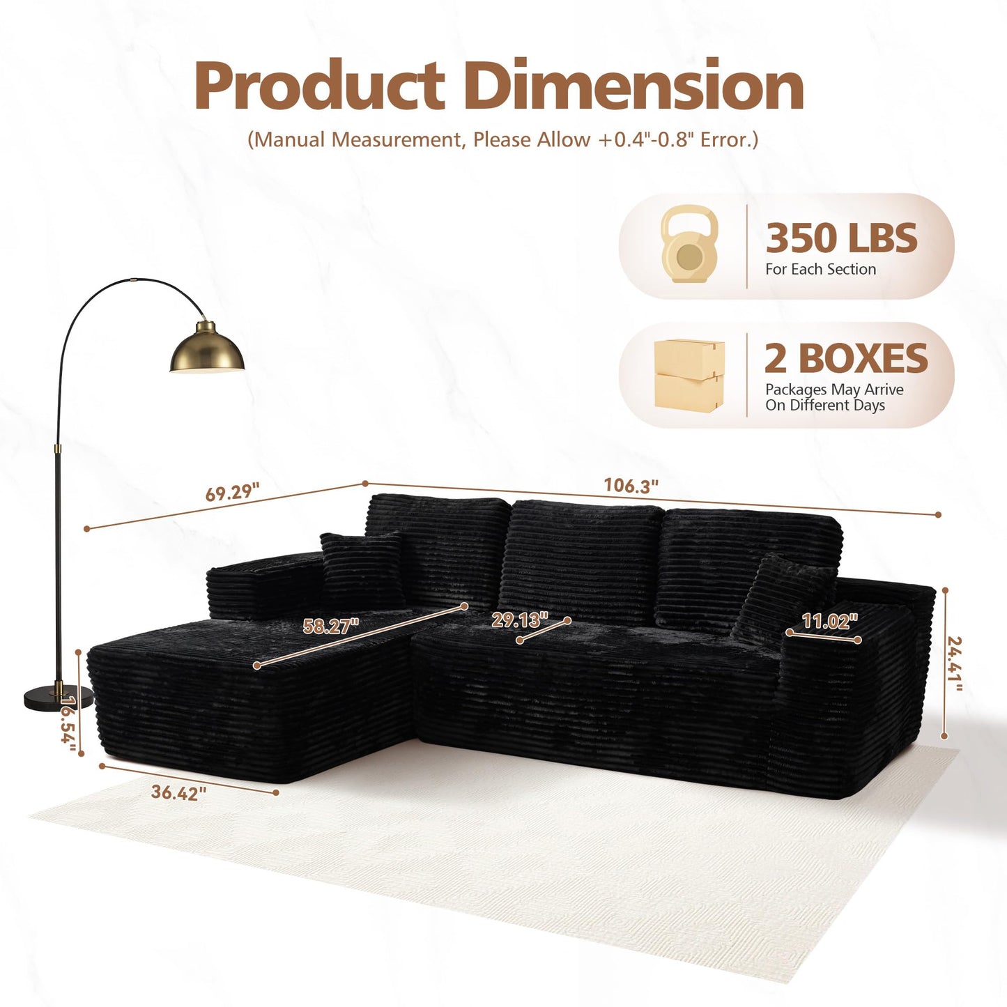 CAODOC 104" Cloud Sectional Couch with Comfy Chaise, Boneless L Shape Sofa with Deep Seat, Minimalist Modular Couches Sleeper for Living Room Bedroom Apartment Lounge,Black