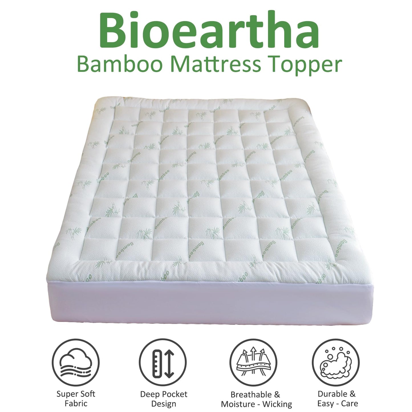 Bioeartha Mattress Topper Queen Size- Viscose Made from Bamboo Cooling Pillow Top Mattress Pad for Back Pain Relief - Breathable Mattress Protector Deep Pocket Mattress Cover Fits 8-21 Inch