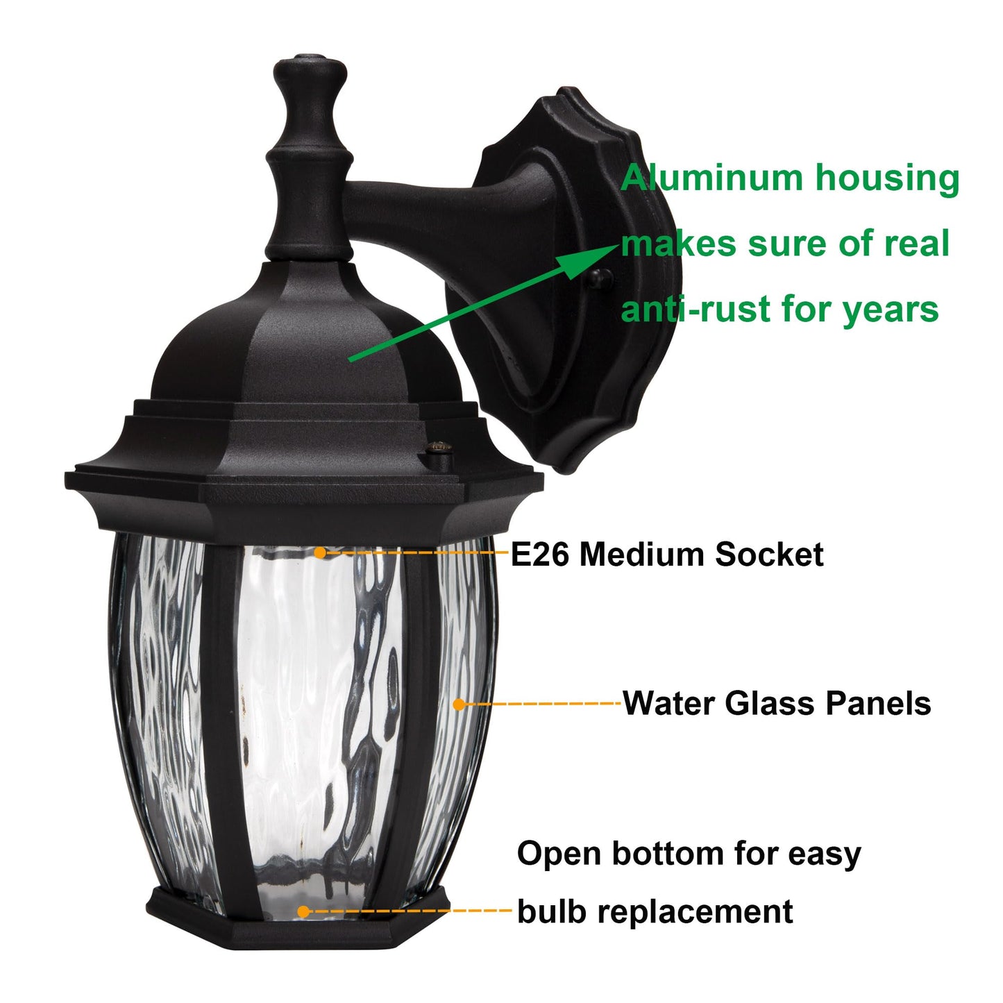LIT-PaTH Outdoor Wall Lantern, Wall Sconce as Porch Lighting Fixture with E26 Medium Base Max 60W, Aluminum Housing with Glass Shade, Matte Black Finish