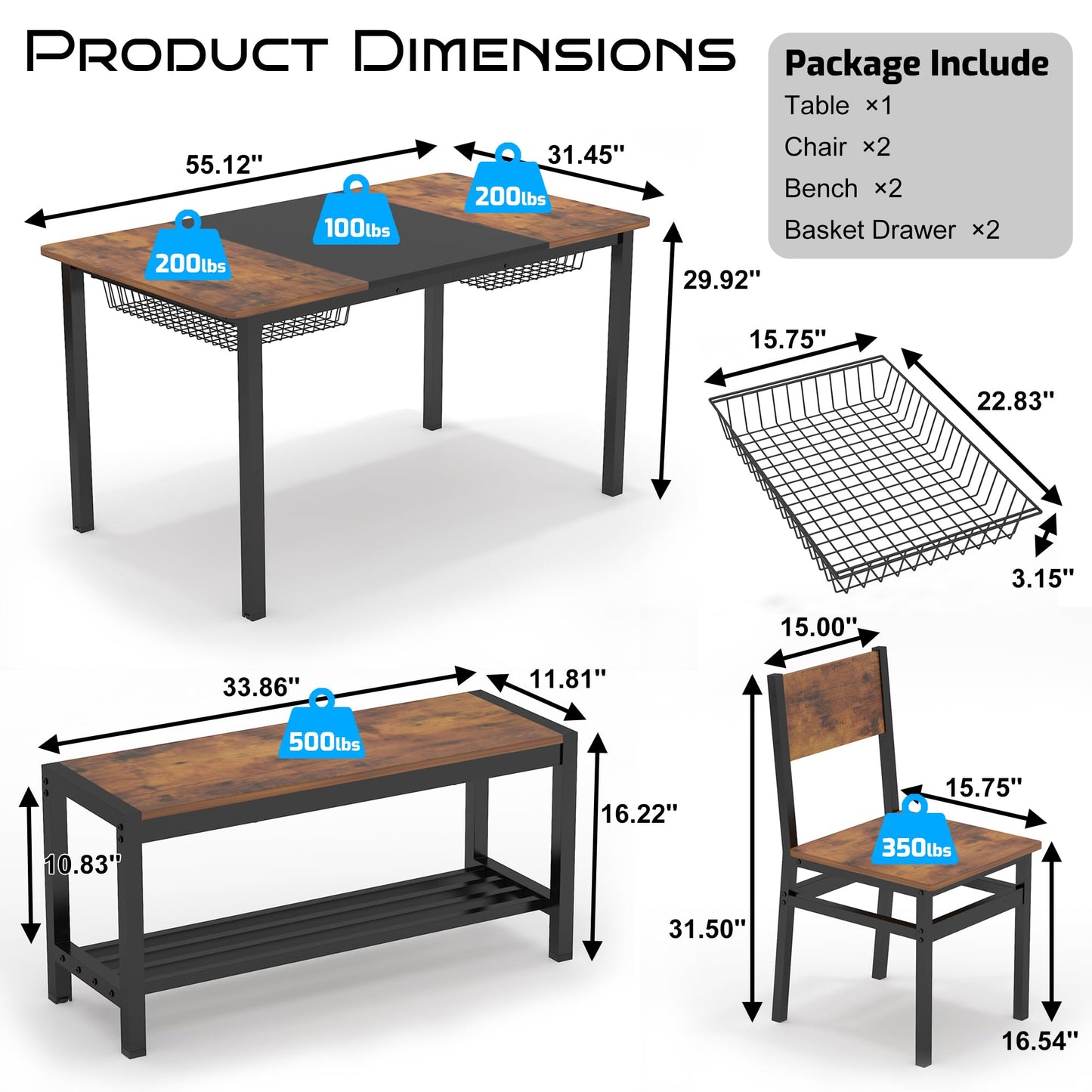 NAIYUFA Dining Table Set for 4-6 People,Industrial Dining Table with 2 Benches and 2 Chairs,Kitchen Table Set with Storage Rack for Dining Room,Saving Space,Rustic Brown
