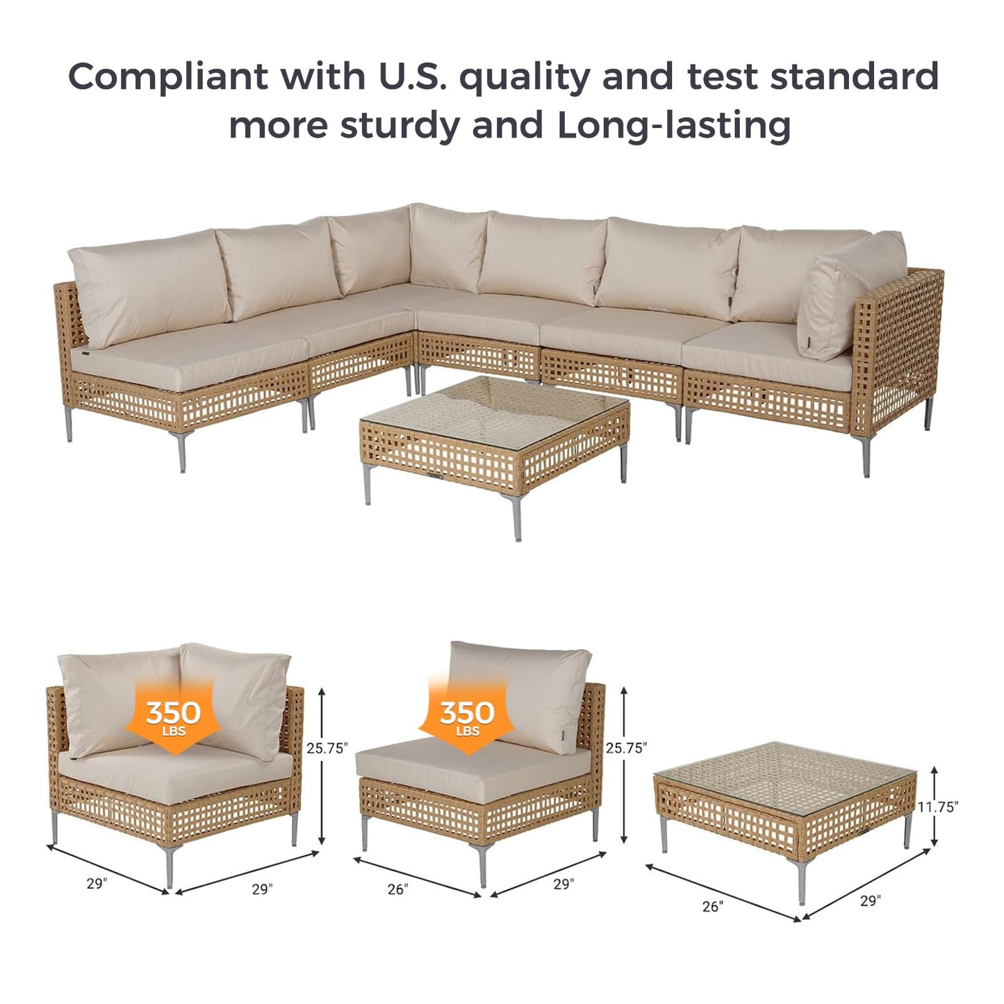 Grand patio 7-Piece Wicker Patio Furniture Set, Boho Outdoor Conversation Set Sectional Sofa with Water Resistant Thick Cushions and Coffee Table, Cream