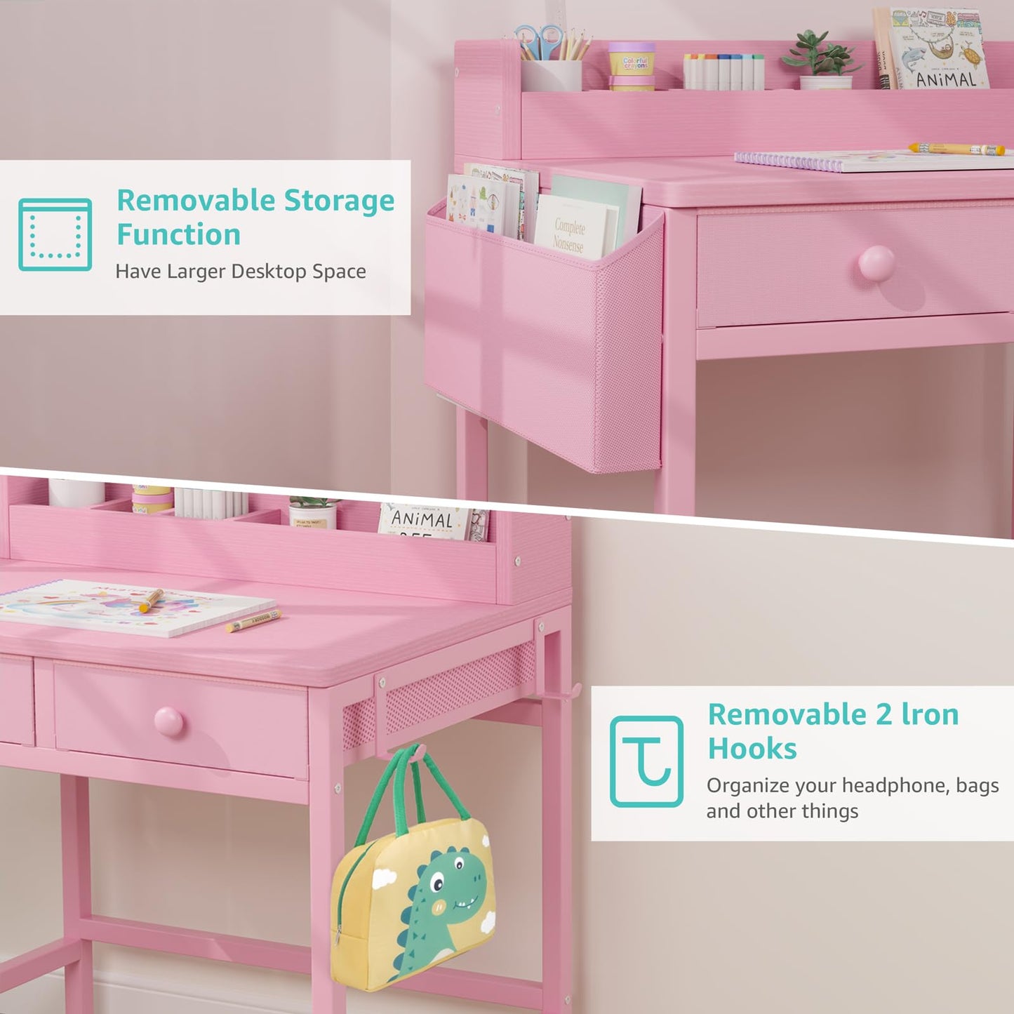 BOLUO Pink Kids Desk and Chair Set for 5-8 Year Old, Small Child Desk with Fabric Drawer, Children Study Table with Storage Girls Boys