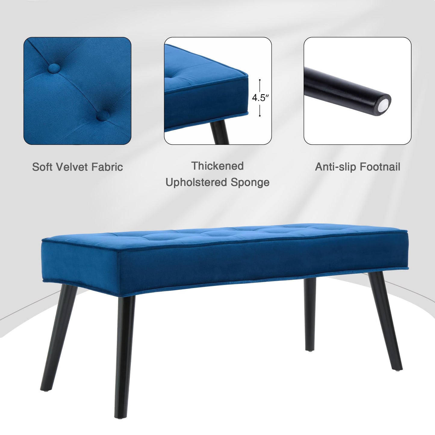 LOULENS 40'' Velvet Tufted Ottoman Bench, Modern Upholstered End of Bed Bench, Comfortable Entryway Bench with Wood Legs, Accent Footrest for Living Room, Dark Blue