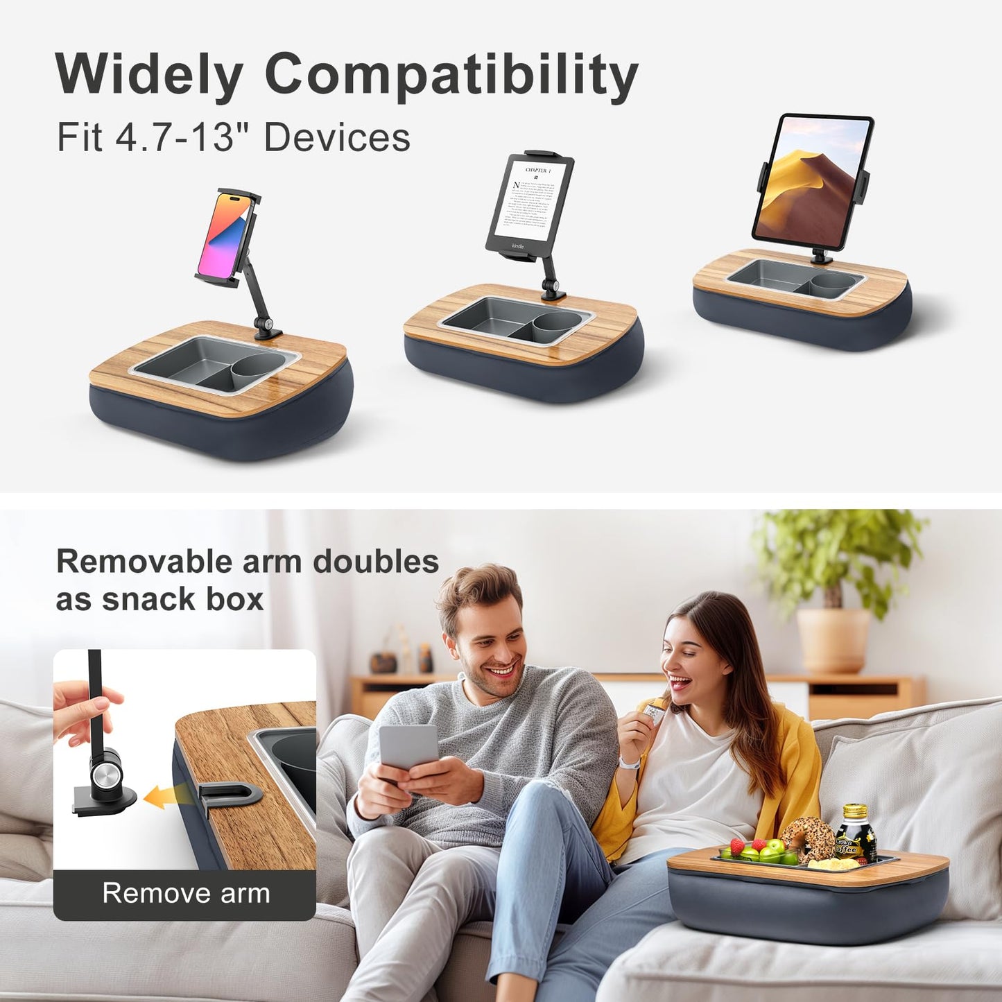 ERGONOV Lap Beanbag Tablet Pillow Stand,Adjustable iPad Holder with Snack Bowl,360° Rotating Clip for 4.7-13" Kindle,Phone,Tablet.Ideal for Hands-Free Reading and Relaxation on Bed,Couch,Recliner,Gray
