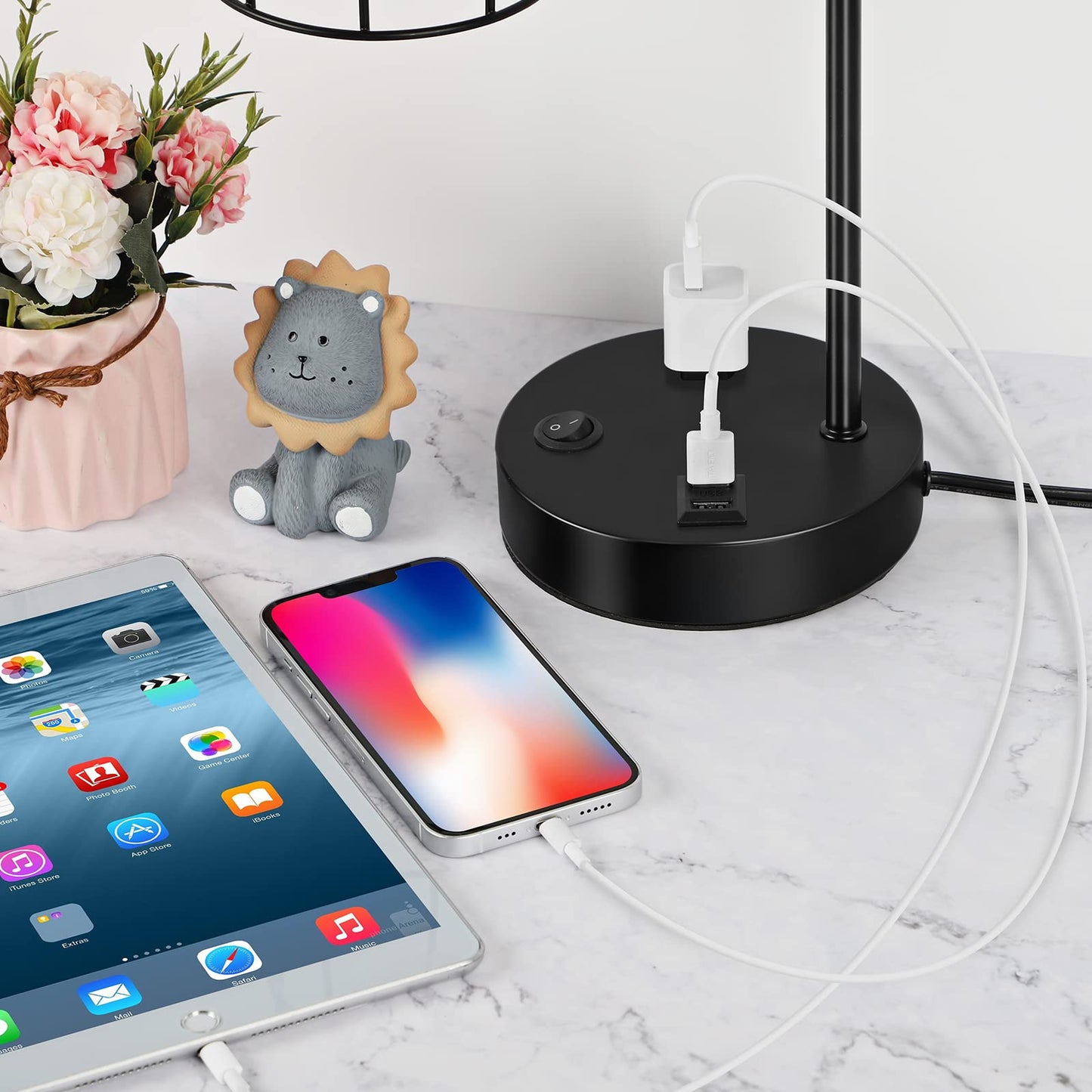BTY Bedside Lamps Set of 2 Industrial Table Lamp with Dual USB Charging Ports and 2 Prong AC Outlet Farmhouse Nightstand Desk Lamps Edison Lamp with Metal Wire Cage for Bedroom Living Room