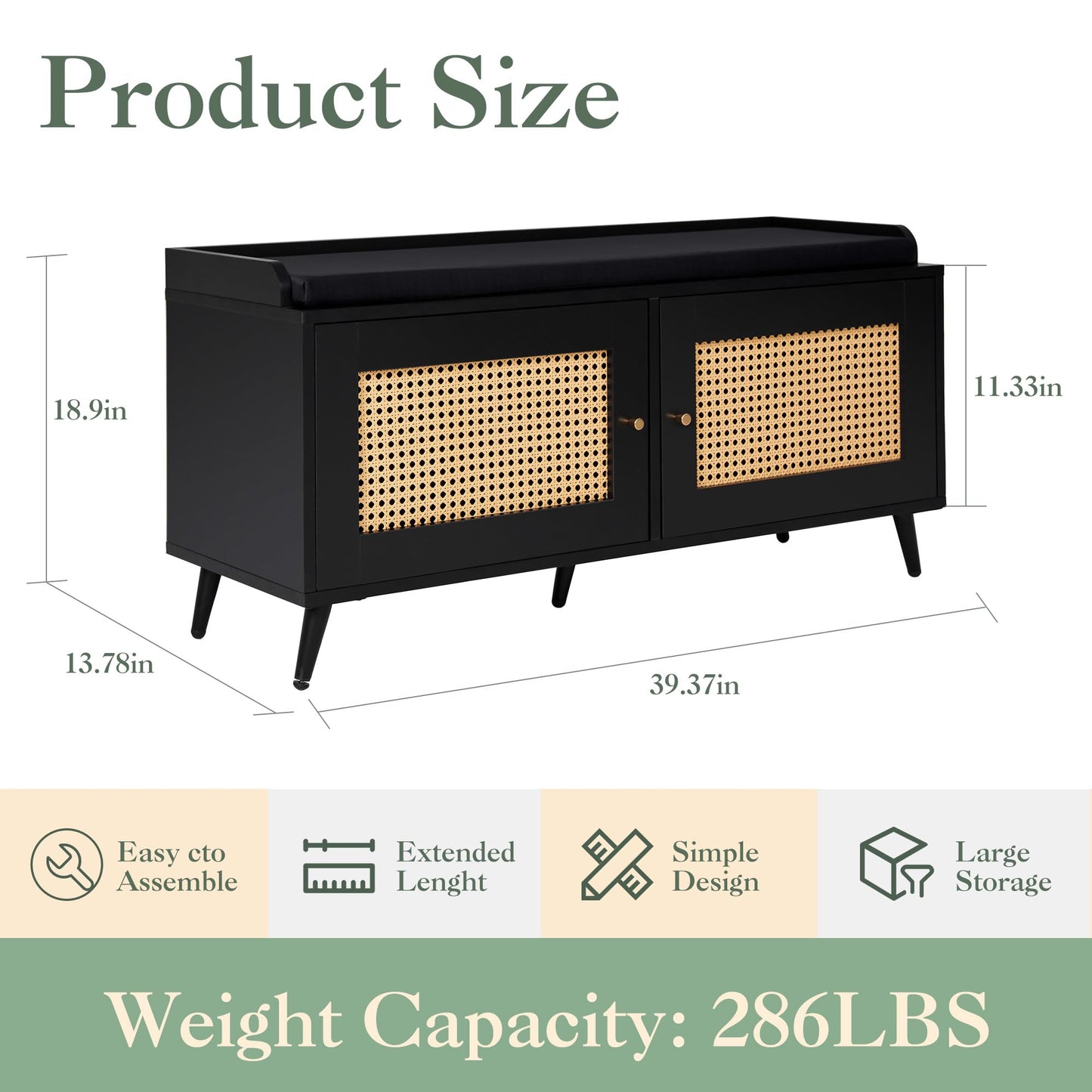Netstar Storage Bench, Shoe Bench with Padded Seat Cushion, Entryway Bench with 2 Doors, Shoe Storage Bench Adjustable Shelf, 39.3’’W x13.8’’D x18.9’’H Shoe Cabinet for Entryway, Living Room, Bedroom