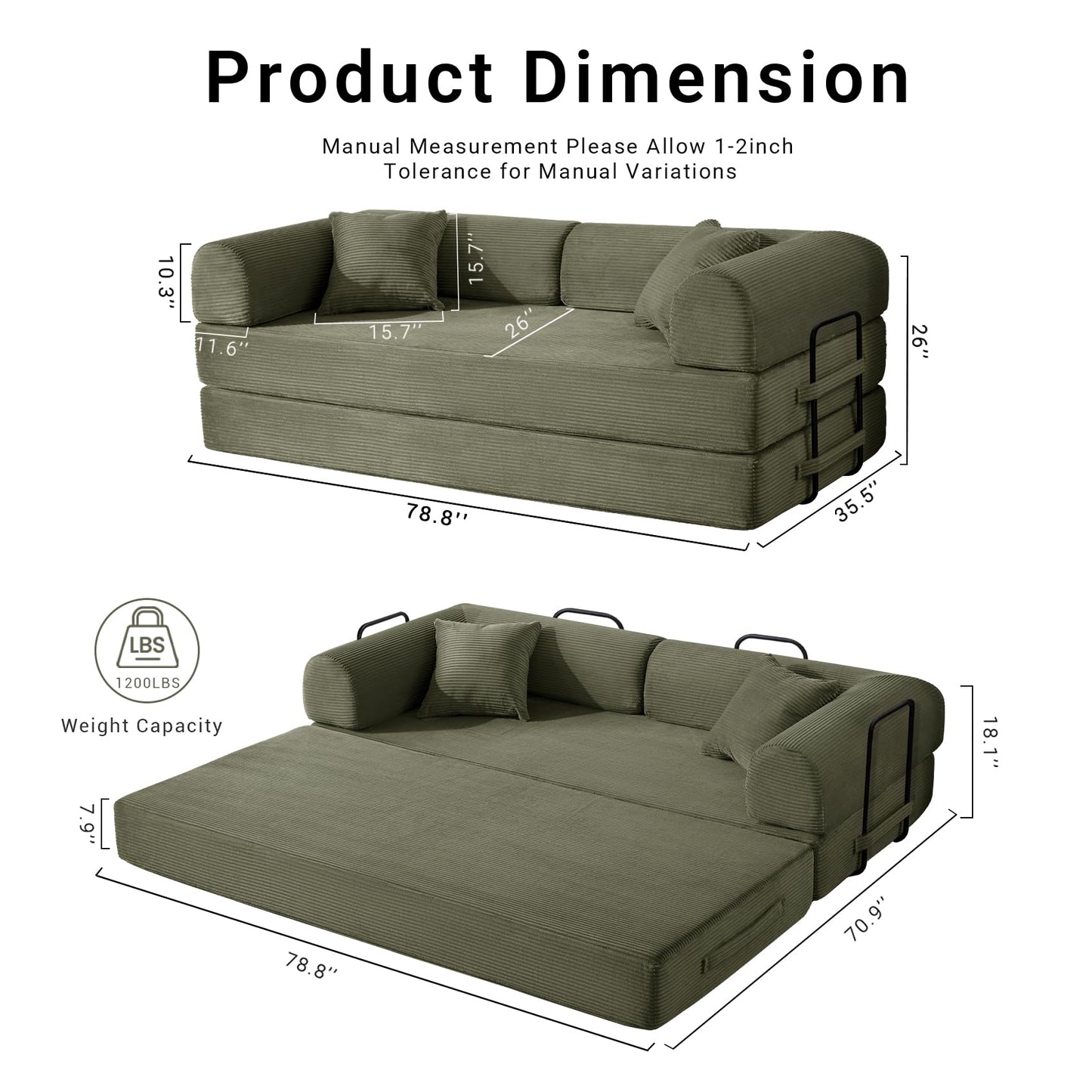 NNQ Compressed Sofa - Convertible Sofa Bed, Corduroy Compression Boneless Couch in a Box, Comfy Modular Foldable Floor Sleeper Sofa for Bedroom, Living Room (Corduroy Fabric, Green)