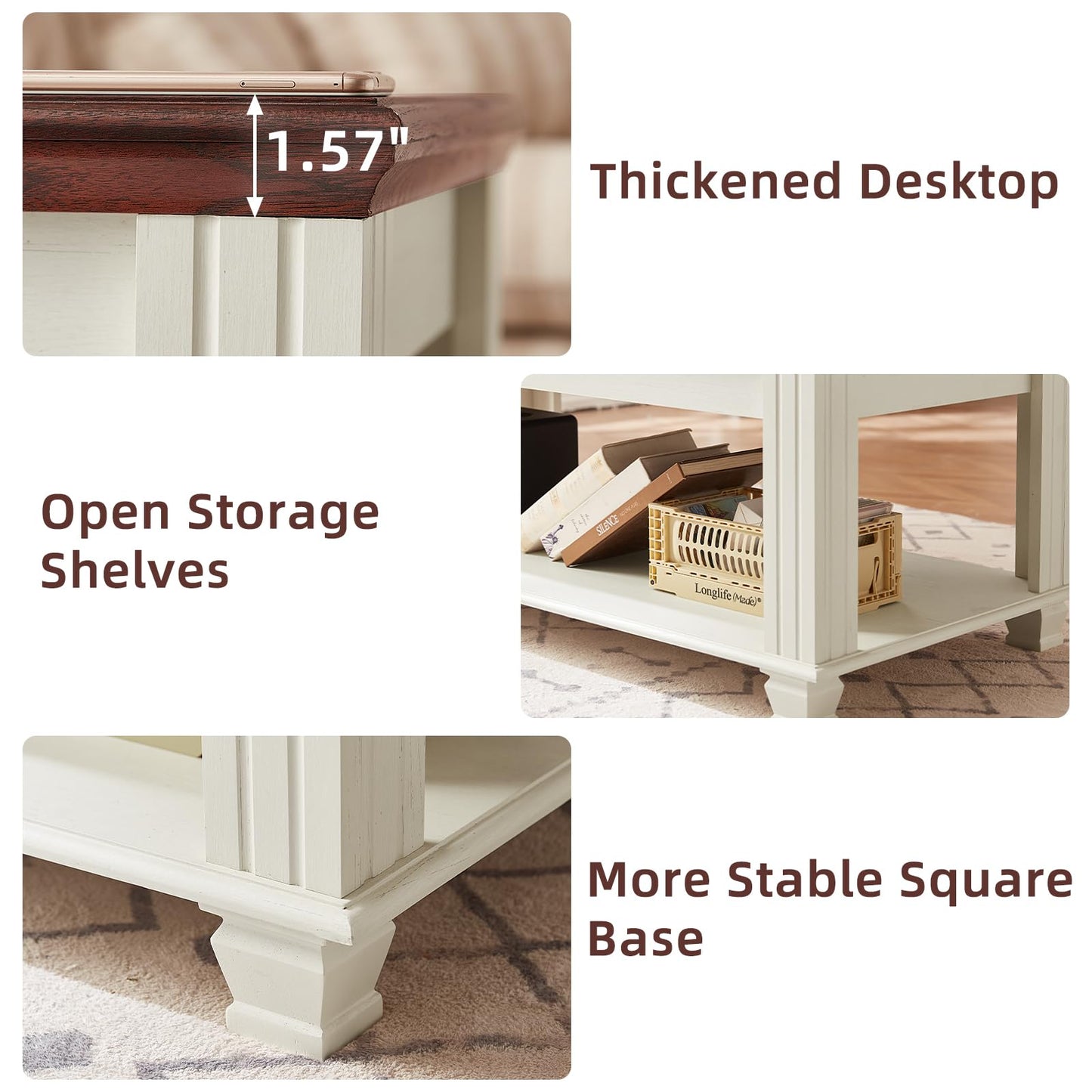 SAVOR LIFE Farmhouse Coffee Tables for Living Room,Square Tea Table with Open Storage Shelf,Large Coffee Table,Rustic Wooden Center Table,White