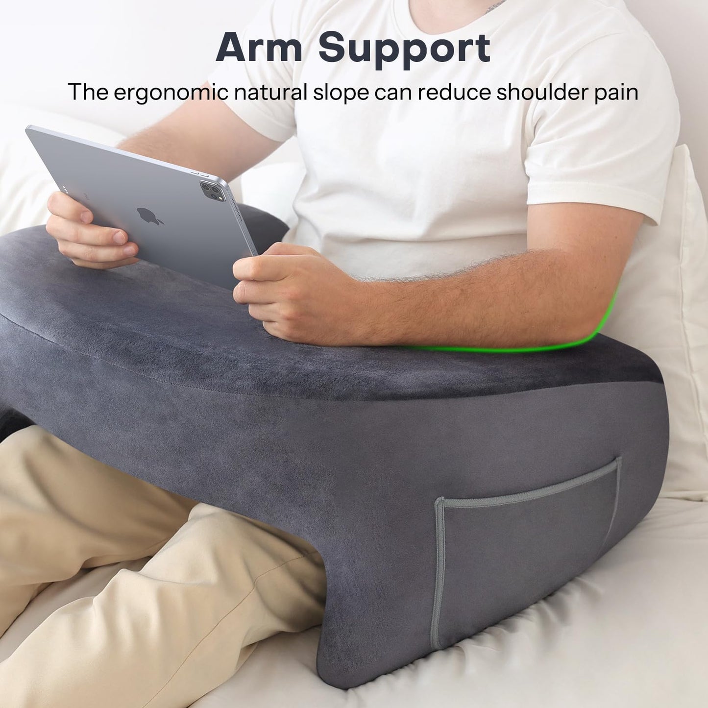 OMOTON Reading Pillow for Lap Desk, Upgrade Extra Large Gaming Pillow for Adult, Perfectly Fitting Your Body Memory Foam Arm Rest Pillow for Reading, Working, Playing in Bed Sofa (Deep Grey)