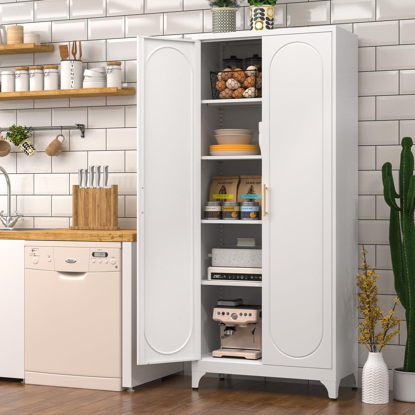 Polup Metal Storage Cabinet with Doors and Shelves, 71 Inch Tall Kitchen Pantry Cabinet, Pantry Cabinets for Kitchen Storage, Freestanding Cupboard for Living, Dining Room, White, Assembly Required