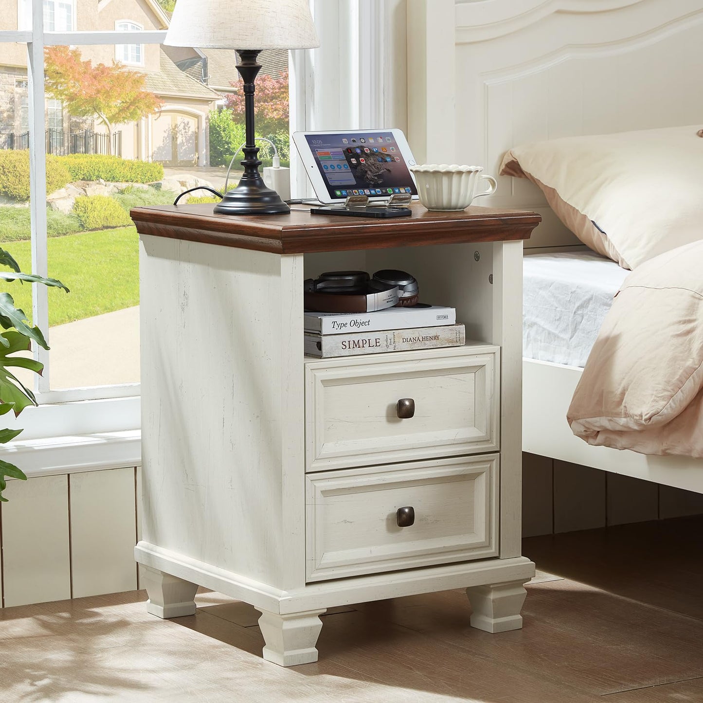SAVOR LIFE Farmhouse Nightstand Set of 2 with Charging Station, Rustic White Nightstand,2 Drawers End Table for Living Room,Bedside Table with Open Shelf for Bed Room,White