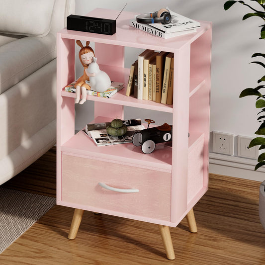 Aenuert Night Stand, Pink Kids Nightstand with Drawer, Nursery Side Table with Open Storage, 3-Tier Modern End Table, Bedside Table for Small Space, Living Room, Bedroom